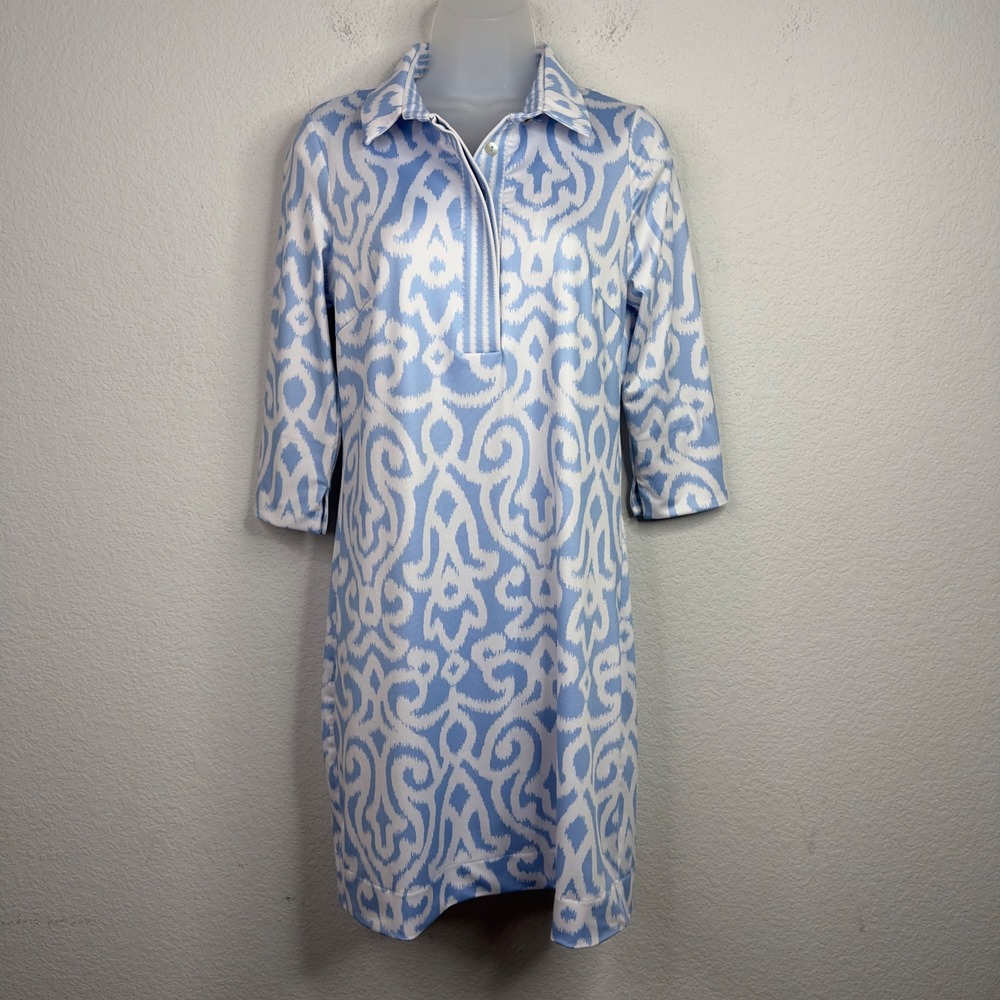 Gretchen Scott Shift Dress Women S Blue White Ikat Print Collared Preppy Coastal